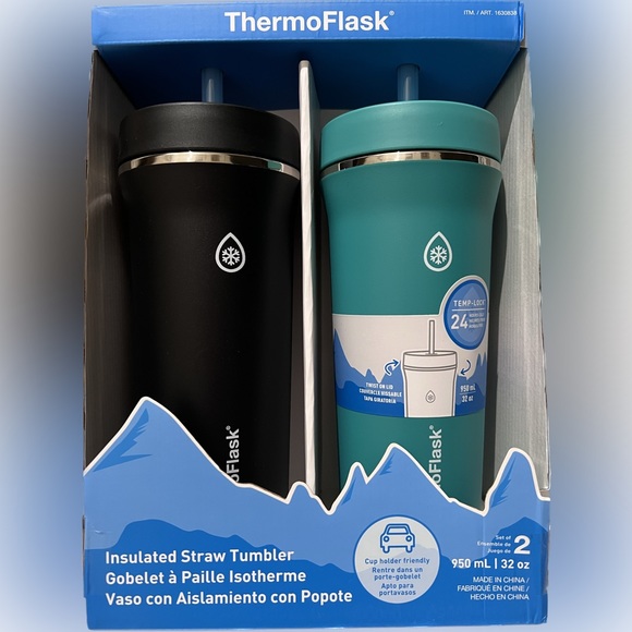 ThermoFlask 32oz Insulated Standard Straw Tumbler, 2-pack NIB - Black & Teal - Picture 1 of 5